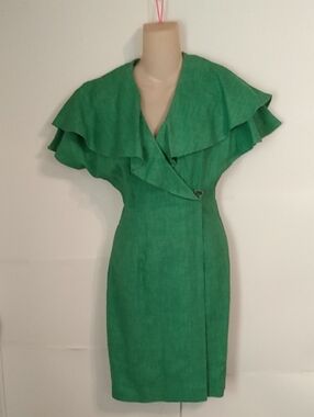 Vtg 80s Kelly Green Ruffled Linen Dress Mobwife Corporate Formal Sales Fashion